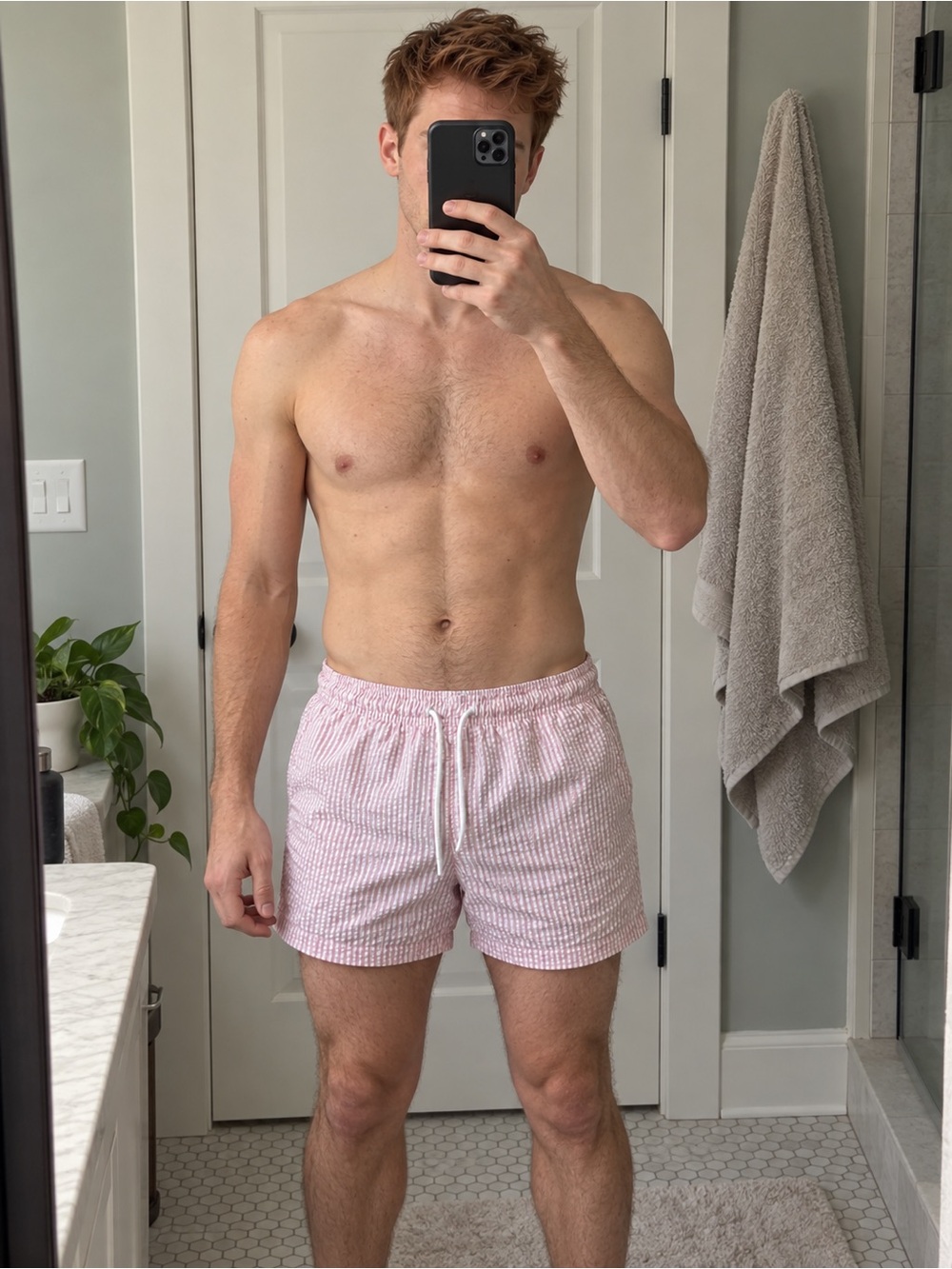 Men's Pink Seersucker Swim Shorts - Elastic Waist American Eagle size M